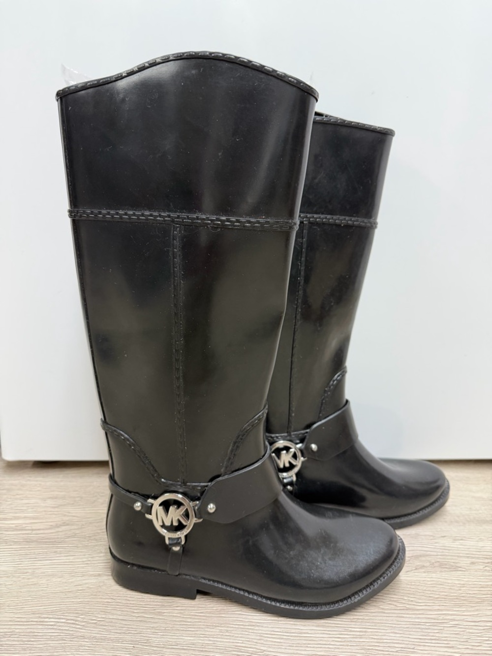 Michael Kors Black Tall MK Harness Rubber Rain Boots